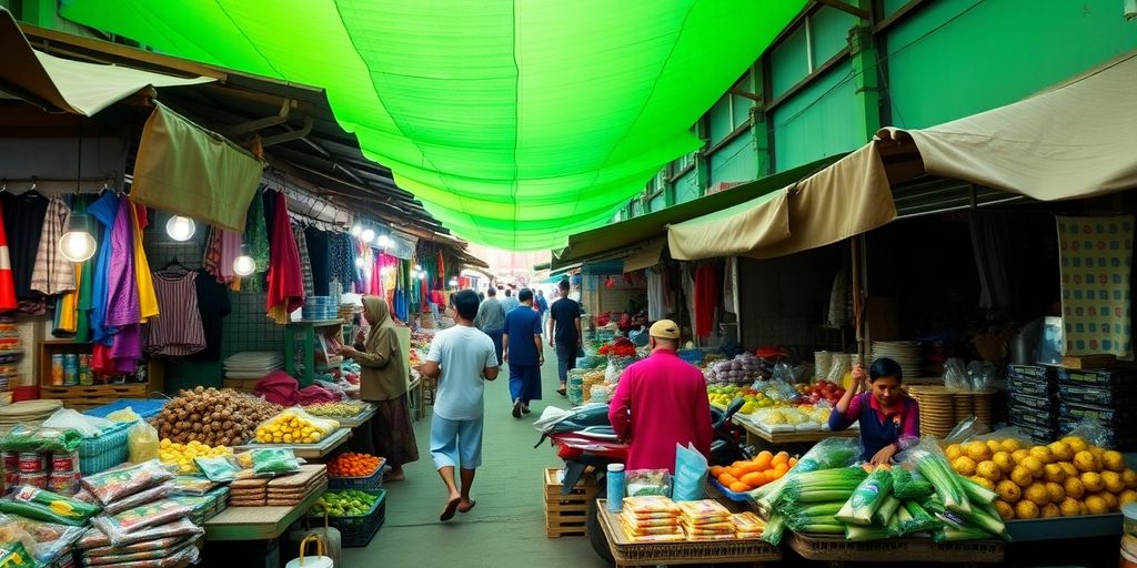 Pasar Indonesia yang ramai dengan pedagang dan produk lokal.