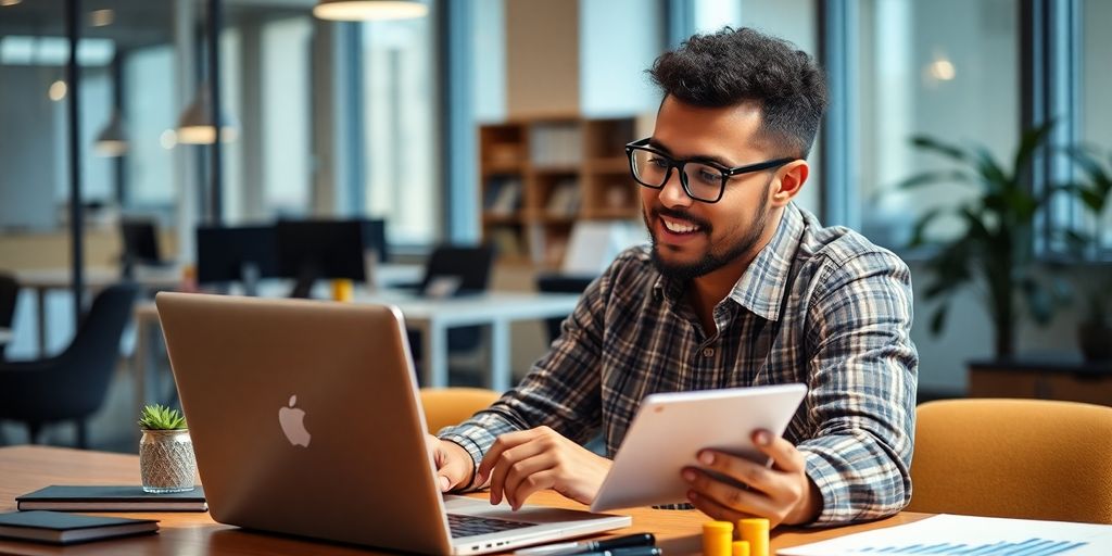 Orang menganalisis peluang investasi dengan laptop.